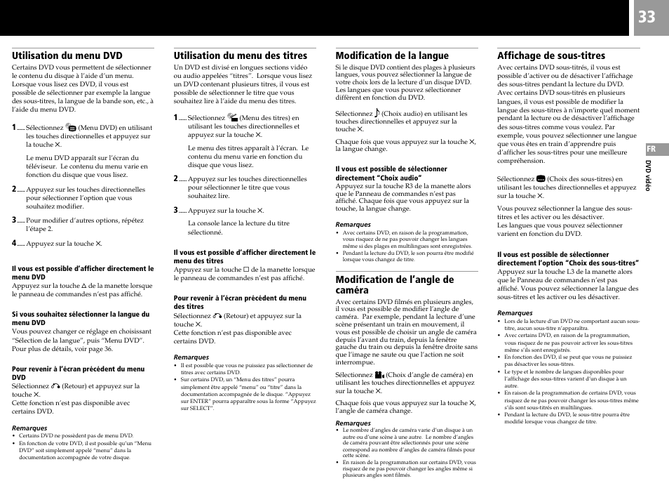 Modification de la langue, Modification de l’angle de caméra, Affichage de sous-titres | Utilisation du menu dvd, Utilisation du menu des titres | Sony PS2 User Manual | Page 33 / 84
