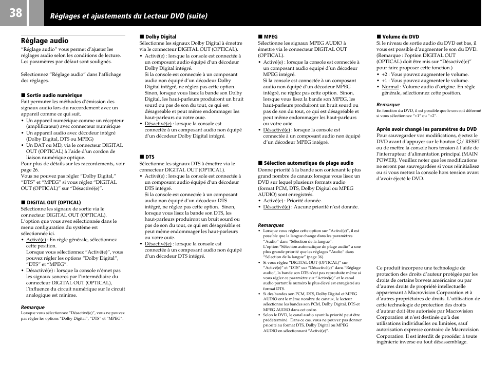 Réglage audio, Réglages et ajustements du lecteur dvd (suite) | Sony PS2 User Manual | Page 38 / 84