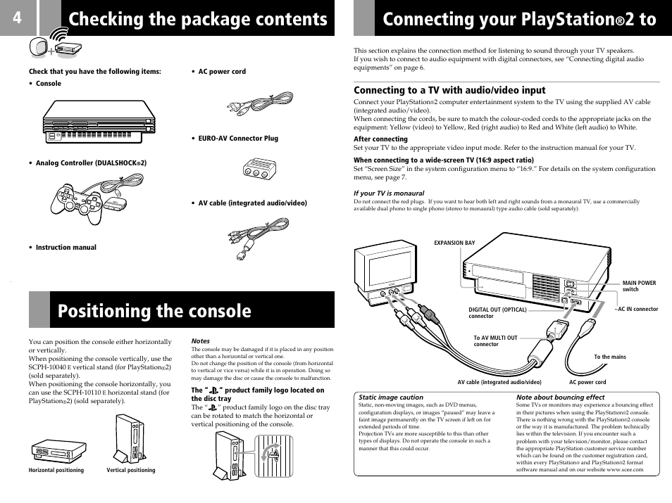 Connecting your playstation, 2 to, Connecting to a tv with audio/video input | Sony PS2 User Manual | Page 4 / 84