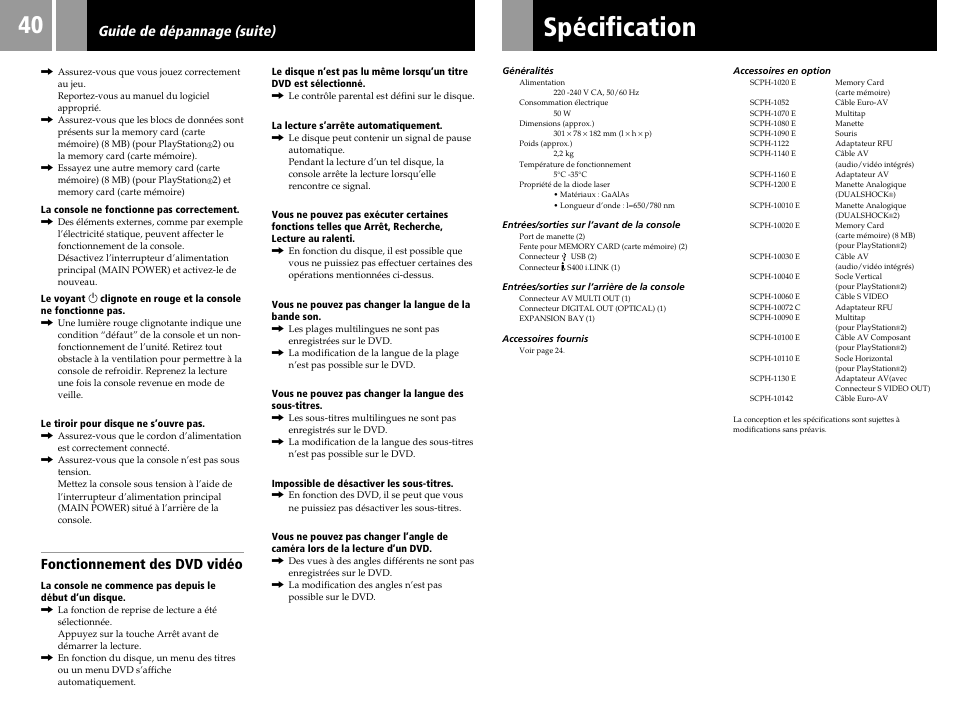 Spécification, Fonctionnement des dvd vidéo, Guide de dépannage (suite) | Sony PS2 User Manual | Page 40 / 84