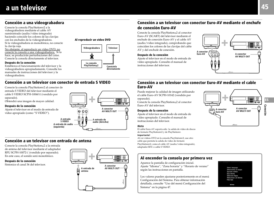 A un televisor, Conexión a una videograbadora, Conexión a un televisor con entrada de antena | Al encender la consola por primera vez | Sony PS2 User Manual | Page 45 / 84