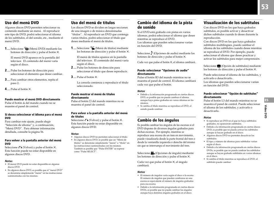 Cambio del idioma de la pista de sonido, Cambio de los ángulos, Visualización de los subtítulos | Uso del menú dvd, Uso del menú de títulos | Sony PS2 User Manual | Page 53 / 84