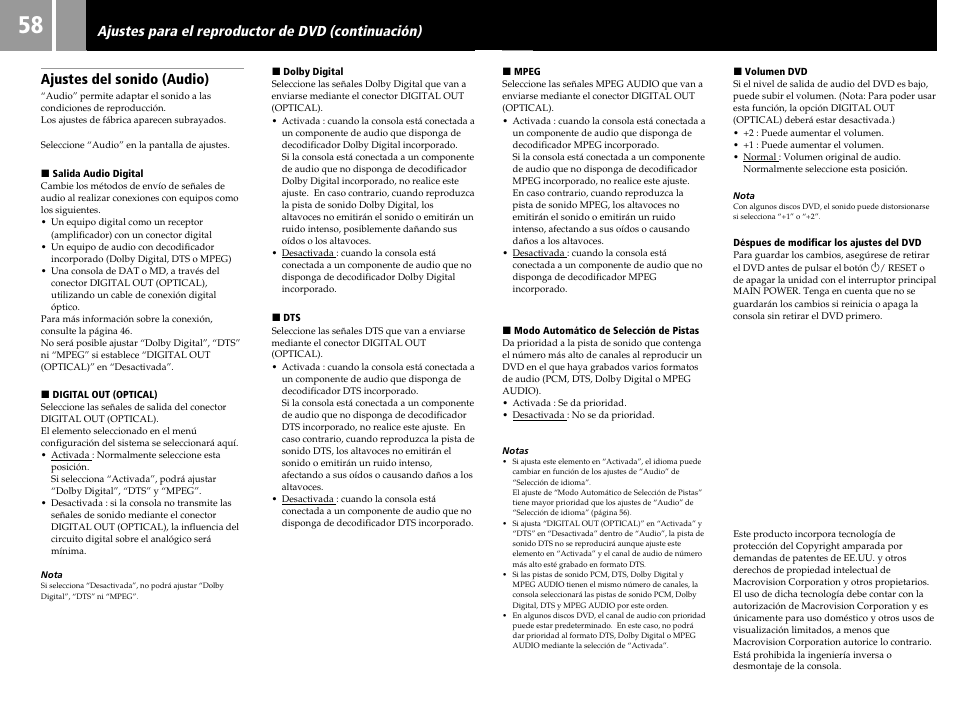 Ajustes del sonido (audio), Ajustes para el reproductor de dvd (continuación) | Sony PS2 User Manual | Page 58 / 84