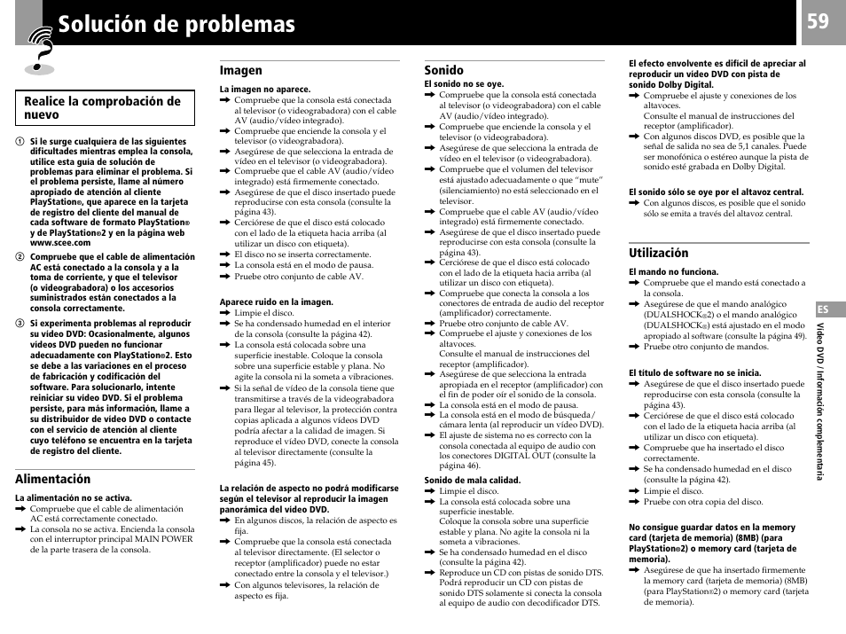 Solución de problemas, Realice la comprobación de nuevo, Alimentación | Imagen, Sonido, Utilización | Sony PS2 User Manual | Page 59 / 84