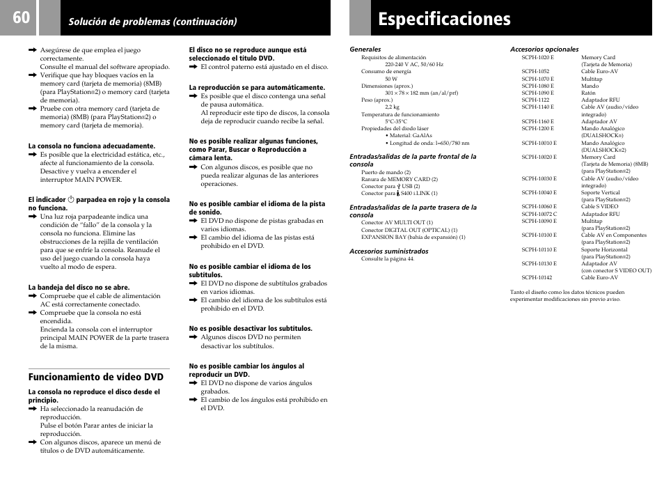 Especificaciones, Funcionamiento de vídeo dvd, Solución de problemas (continuación) | Sony PS2 User Manual | Page 60 / 84