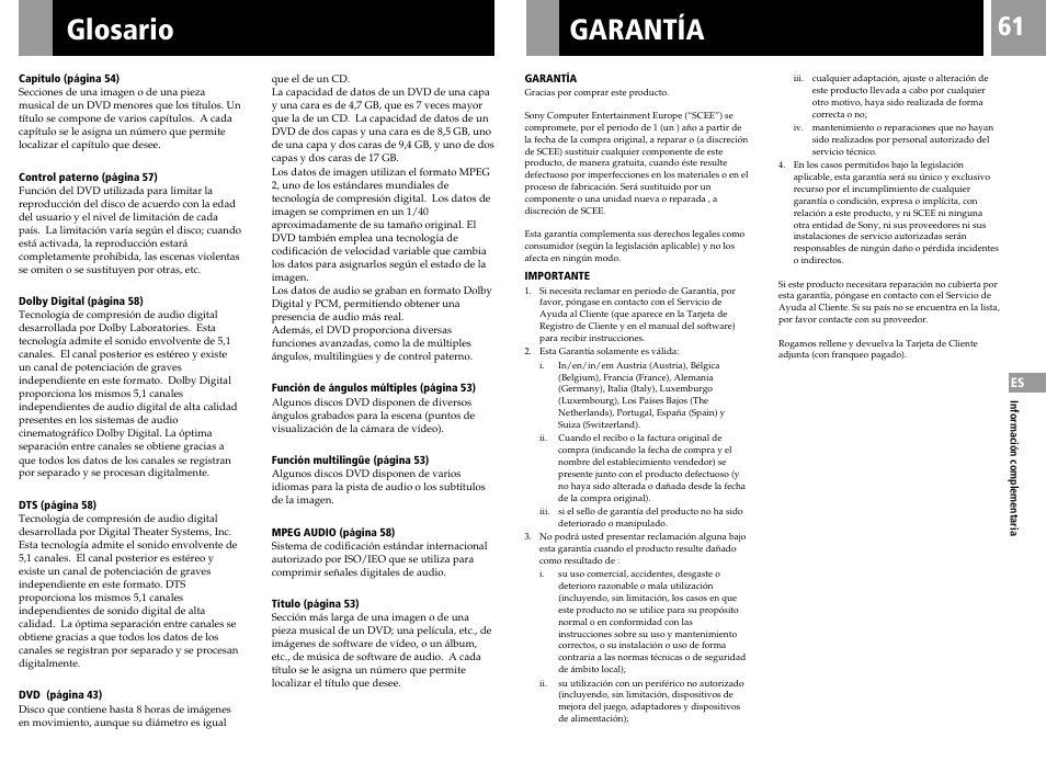 Glosario, Garantía | Sony PS2 User Manual | Page 61 / 84