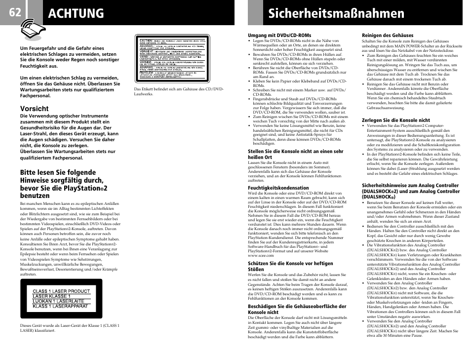 Achtung sicherheitsmaßnahmen, Vorsicht, 2benutzen | Sony PS2 User Manual | Page 62 / 84