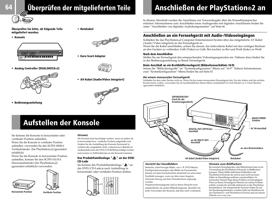 Aufstellen der konsole, Anschließen der playstation, 2 an | Überprüfen der mitgelieferten teile | Sony PS2 User Manual | Page 64 / 84