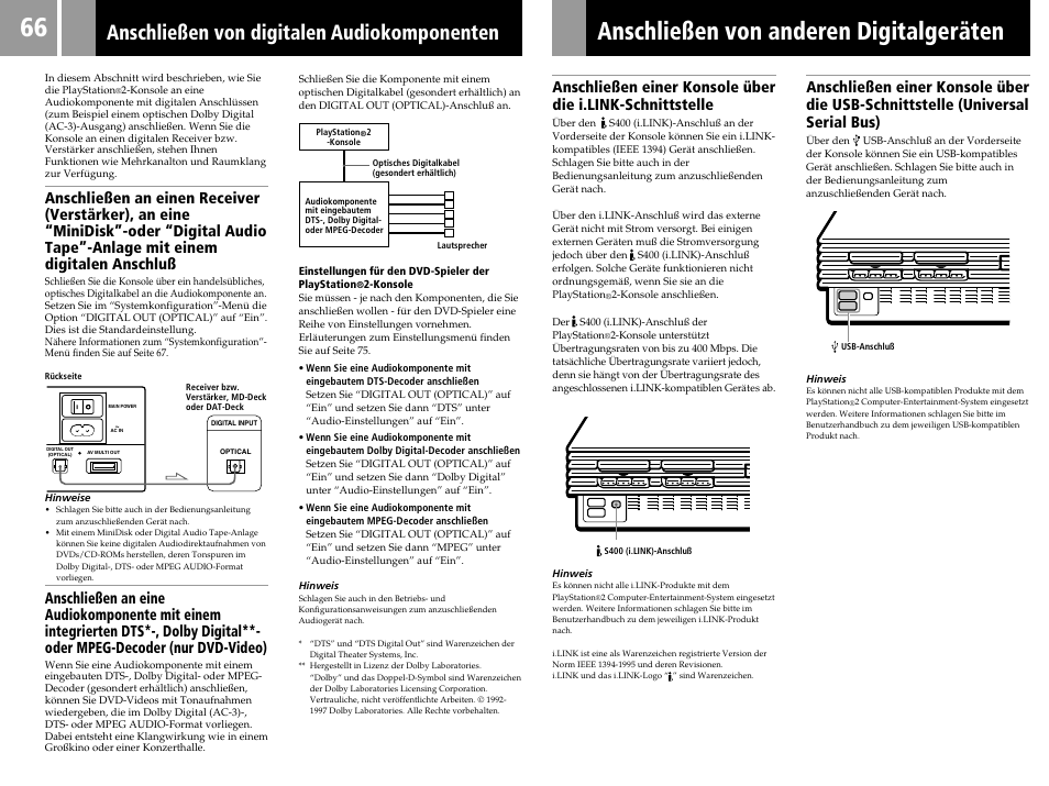 Anschließen von anderen digitalgeräten, Anschließen von digitalen audiokomponenten | Sony PS2 User Manual | Page 66 / 84