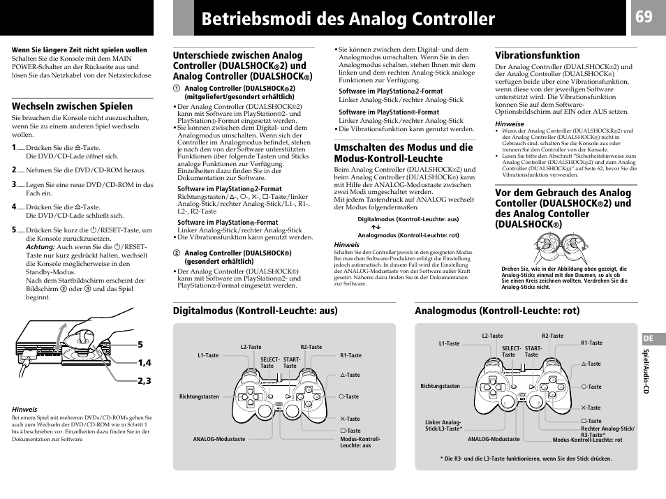 Betriebsmodi des analog controller, Wechseln zwischen spielen, Unterschiede zwischen analog controller (dualshock | 2) und analog controller (dualshock, Vibrationsfunktion, Vor dem gebrauch des analog contoller (dualshock, 2) und des analog contoller (dualshock | Sony PS2 User Manual | Page 69 / 84