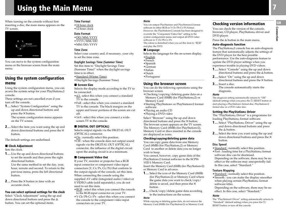 Using the main menu, Using the system configuration menu, Checking version information | Sony PS2 User Manual | Page 7 / 84