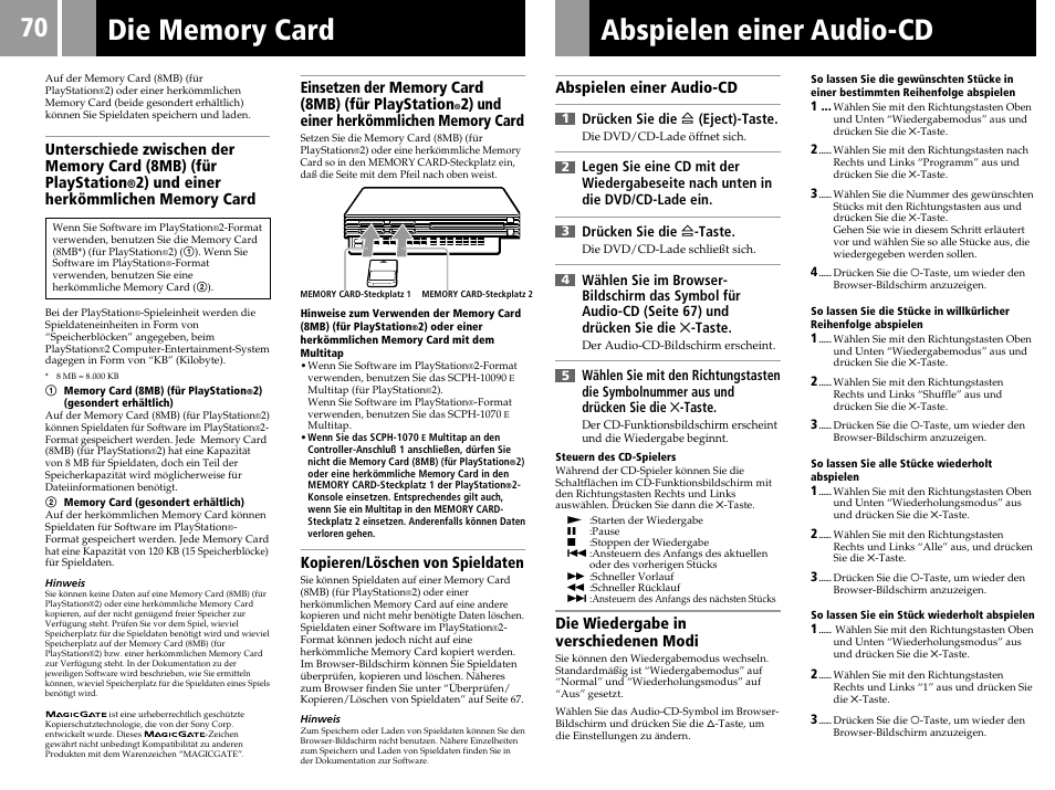 Abspielen einer audio-cd, Kopieren/löschen von spieldaten, Die wiedergabe in verschiedenen modi | Sony PS2 User Manual | Page 70 / 84