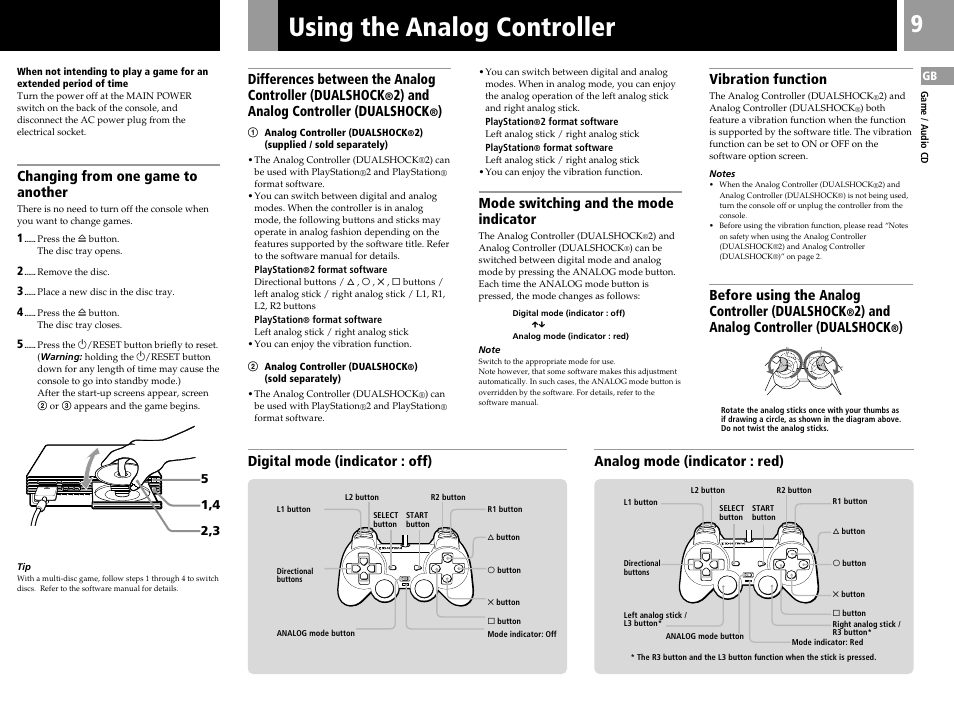 Using the analog controller, Changing from one game to another, 2) and analog controller (dualshock | Mode switching and the mode indicator, Vibration function, Before using the analog controller (dualshock | Sony PS2 User Manual | Page 9 / 84