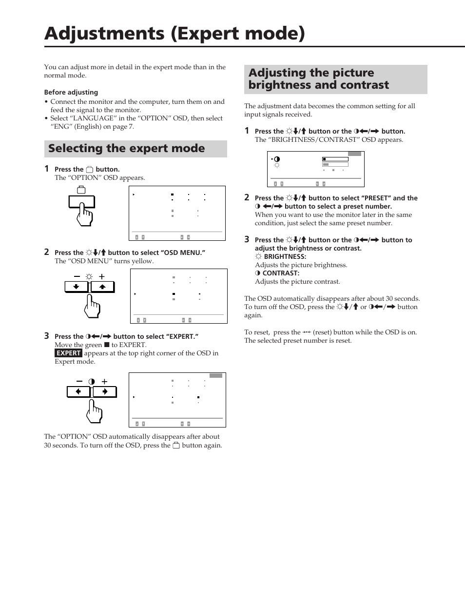 Adjustments (expert mode), Adjusting the picture brightness and contrast, Selecting the expert mode | Sony GDM-90W01T User Manual | Page 12 / 91
