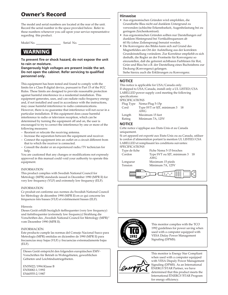 Owner’s record, Warning | Sony GDM-90W01T User Manual | Page 2 / 91