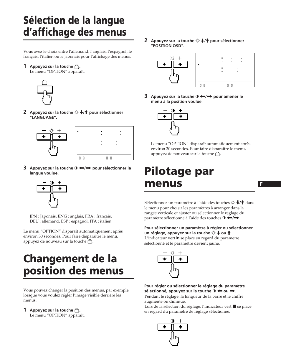 Sélection de la langue d’affichage des menus, Changement de la position des menus, Pilotage par menus | Sony GDM-90W01T User Manual | Page 25 / 91