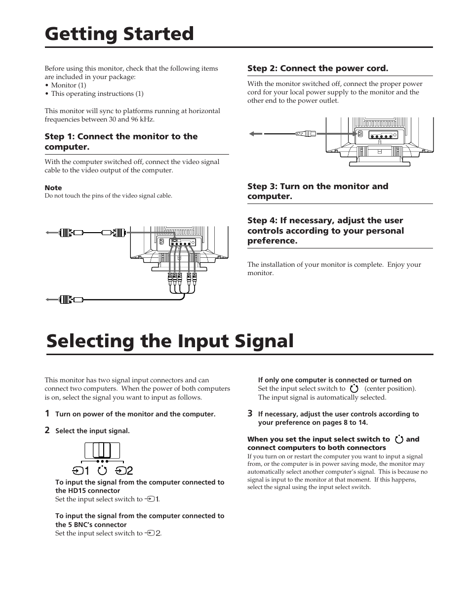 Getting started, Selecting the input signal | Sony GDM-90W01T User Manual | Page 4 / 91