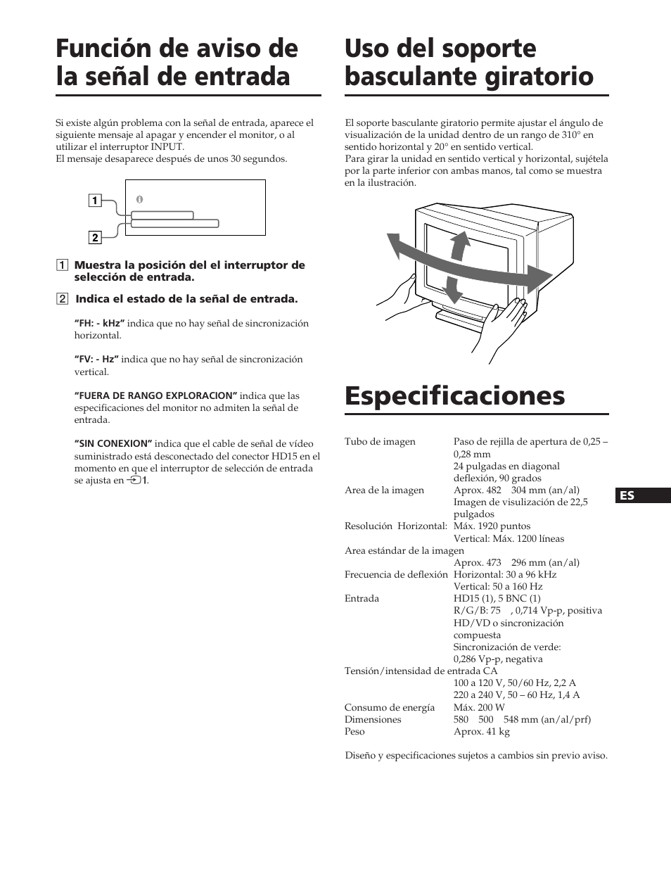 Función de aviso de la señal de entrada, Uso del soporte basculante giratorio, Especificaciones | Sony GDM-90W01T User Manual | Page 71 / 91