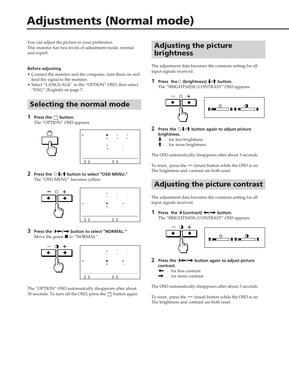 Adjustments (normal mode), Adjusting the picture brightness, Adjusting the picture contrast | Selecting the normal mode, E004.osd | Sony GDM-90W01T User Manual | Page 8 / 91