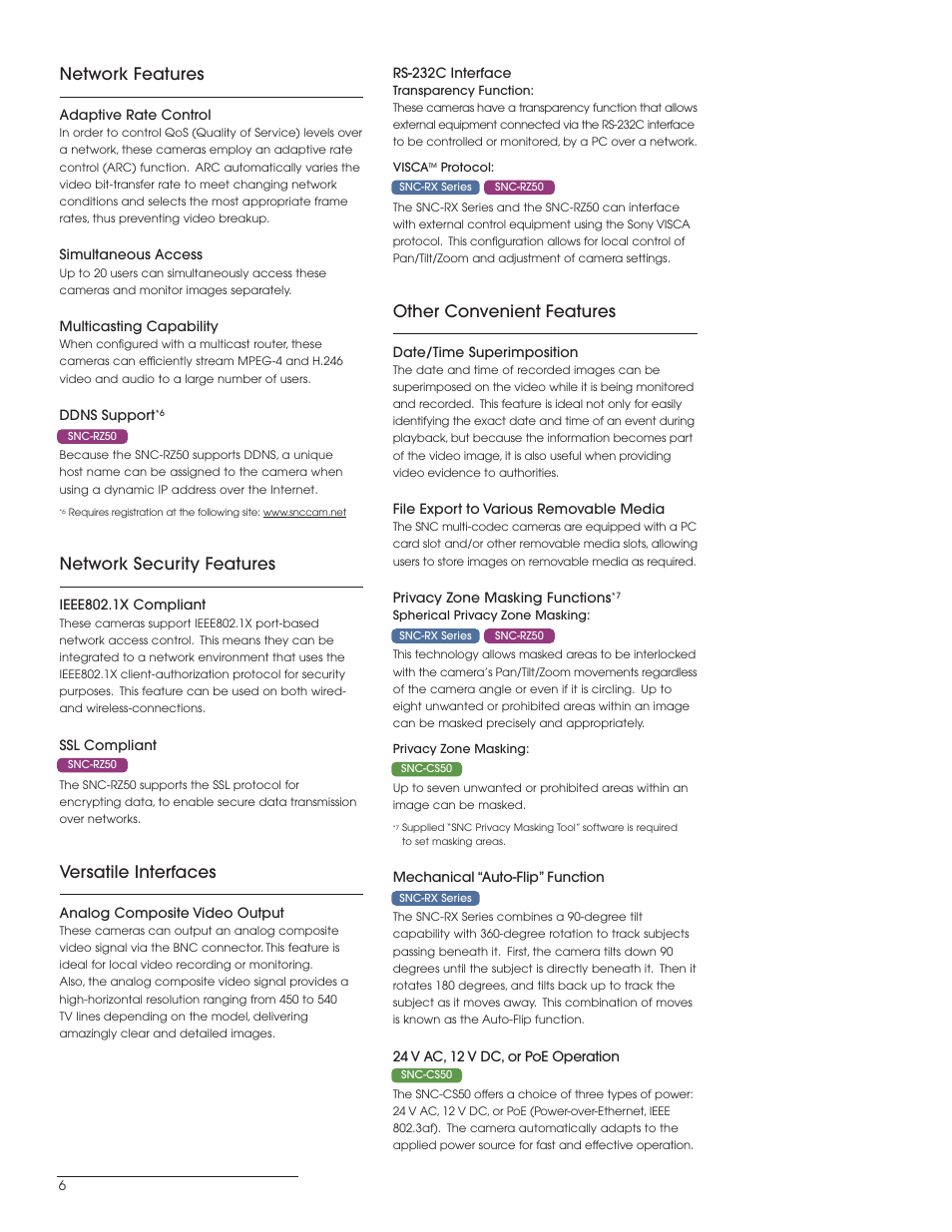Other convenient features, Network features, Network security features | Versatile interfaces | Sony SNC-RX SNC-RZ50 User Manual | Page 6 / 8