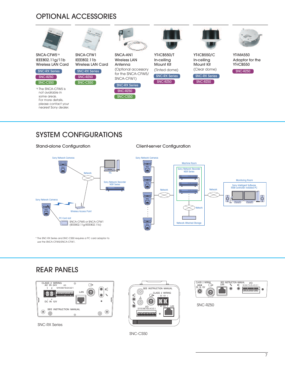 System configurations rear panels, Optional accessories | Sony SNC-RX SNC-RZ50 User Manual | Page 7 / 8