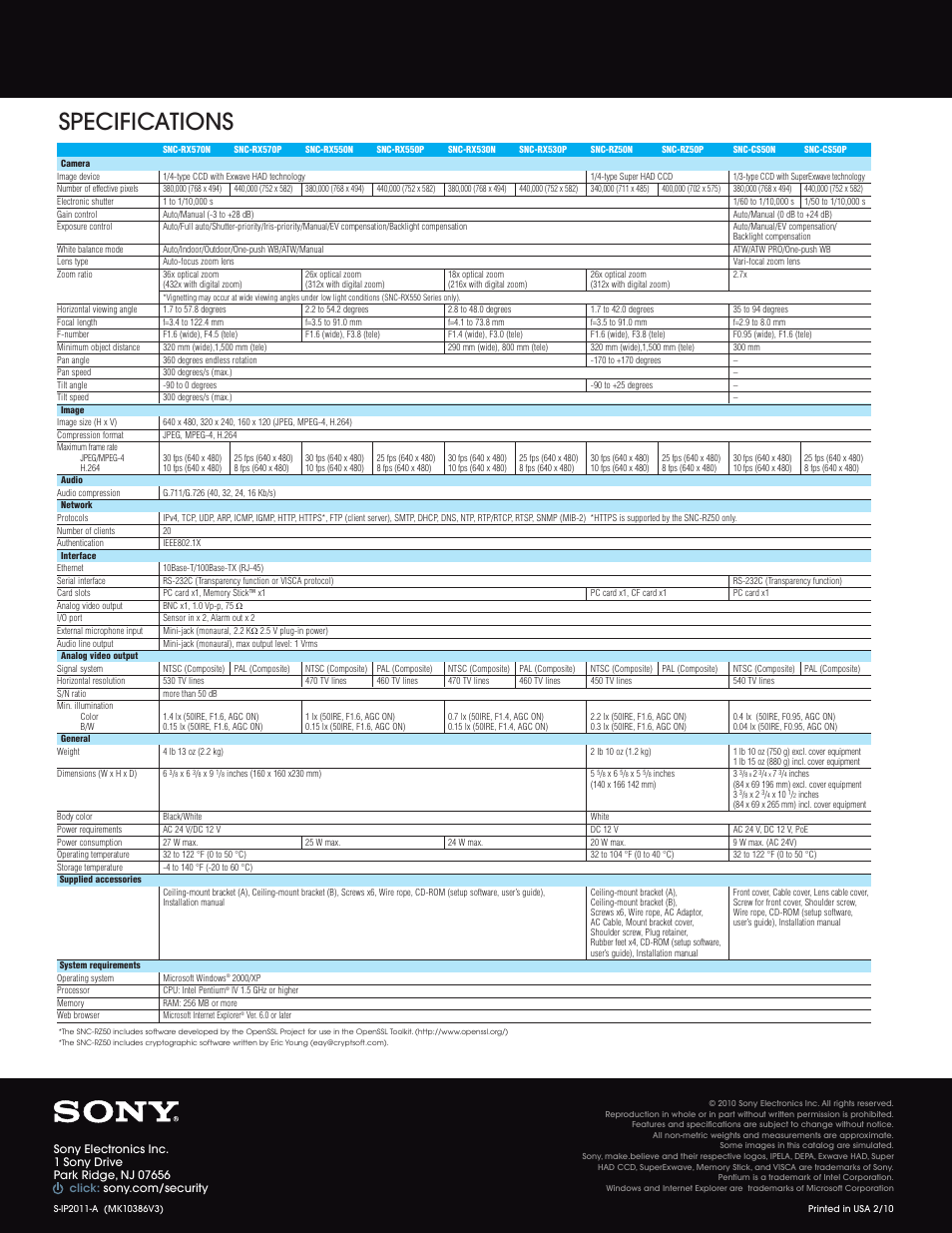 Specifications | Sony SNC-RX SNC-RZ50 User Manual | Page 8 / 8