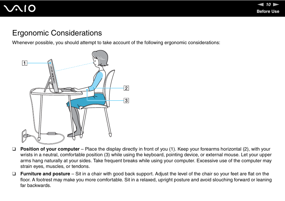 Ergonomic considerations | Sony VAIO VGC-JS100 User Manual | Page 10 / 146