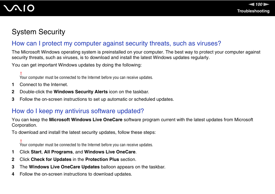 System security, How do i keep my antivirus software updated | Sony VAIO VGC-JS100 User Manual | Page 100 / 146