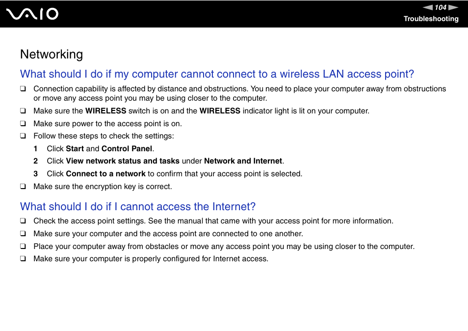 Networking, What should i do if i cannot access the internet | Sony VAIO VGC-JS100 User Manual | Page 104 / 146