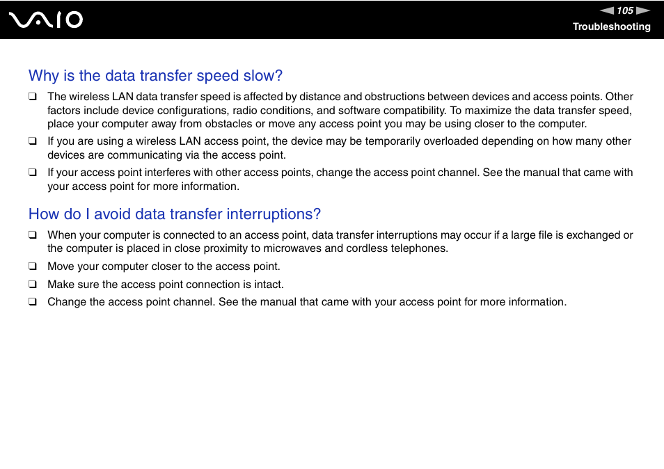 Why is the data transfer speed slow, How do i avoid data transfer interruptions | Sony VAIO VGC-JS100 User Manual | Page 105 / 146