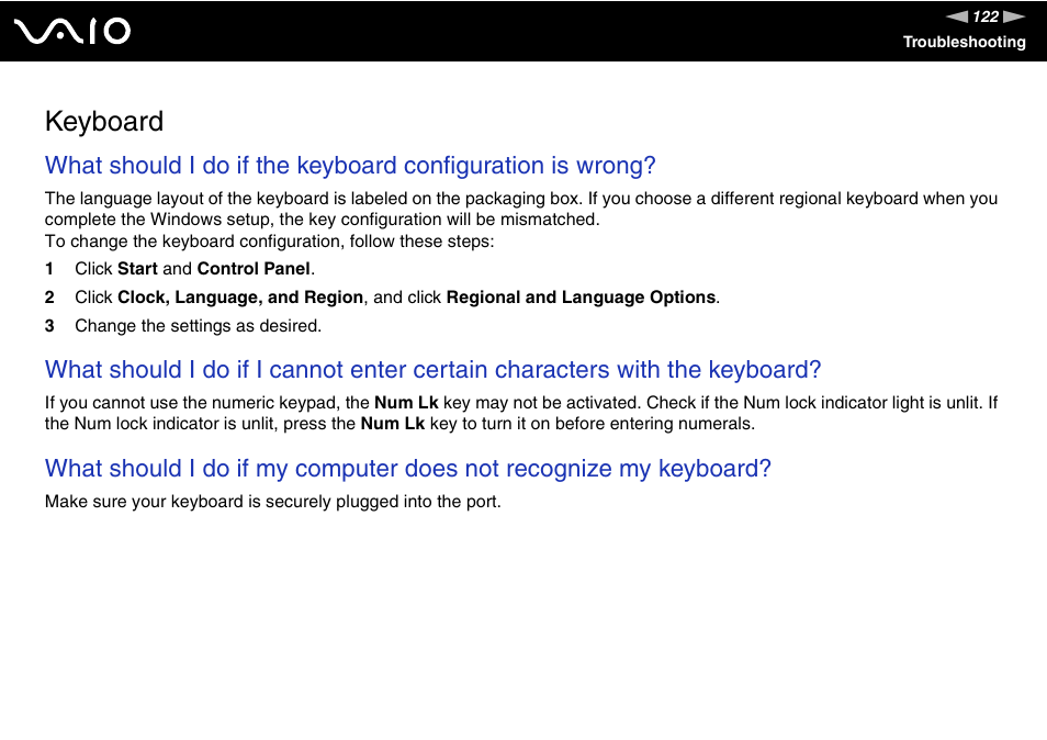 Keyboard | Sony VAIO VGC-JS100 User Manual | Page 122 / 146