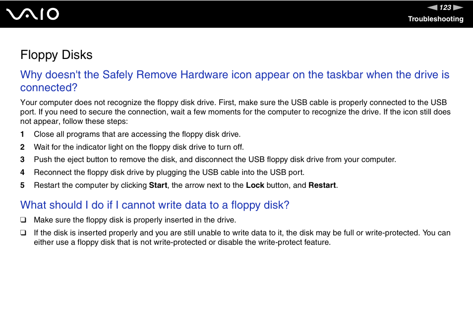 Floppy disks | Sony VAIO VGC-JS100 User Manual | Page 123 / 146