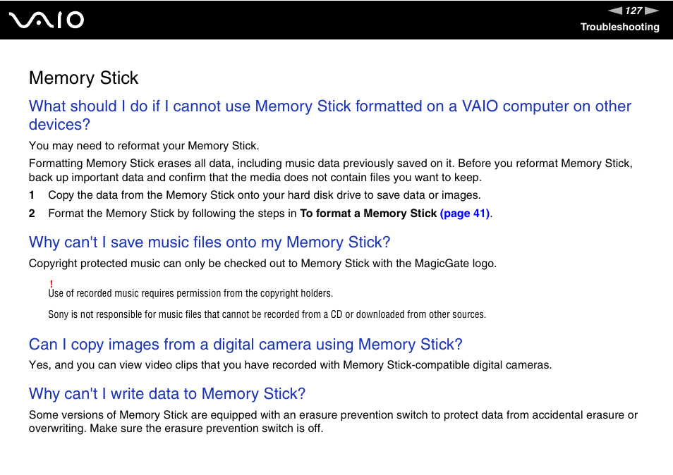 Memory stick | Sony VAIO VGC-JS100 User Manual | Page 127 / 146