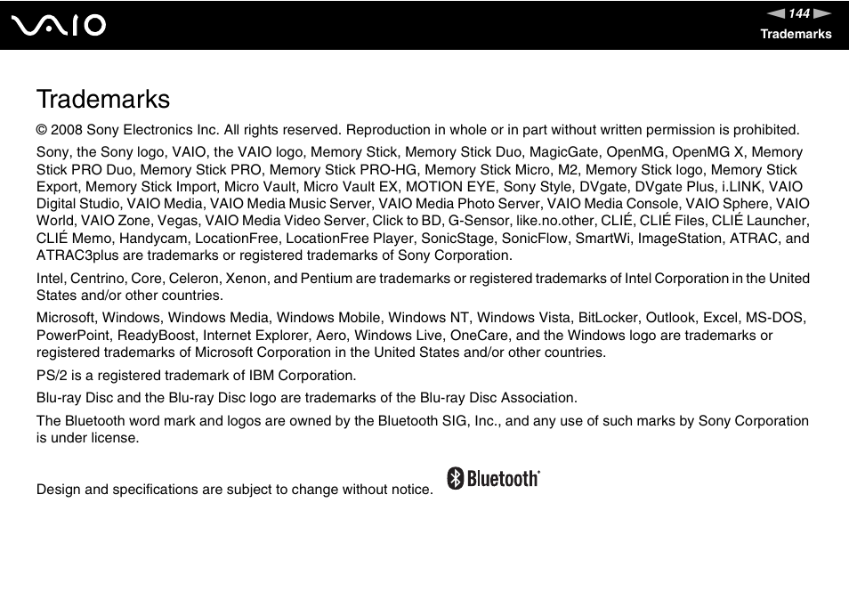 Trademarks | Sony VAIO VGC-JS100 User Manual | Page 144 / 146