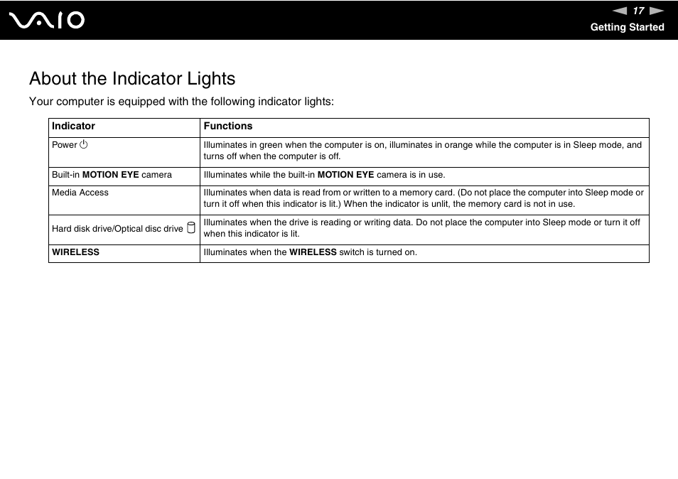 About the indicator lights | Sony VAIO VGC-JS100 User Manual | Page 17 / 146