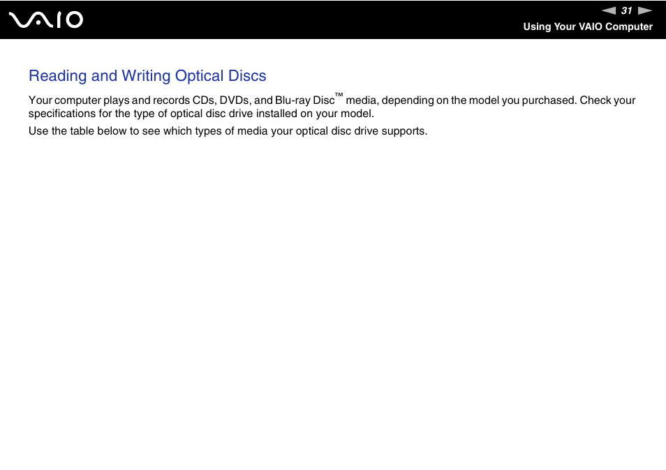 Reading and writing optical discs | Sony VAIO VGC-JS100 User Manual | Page 31 / 146