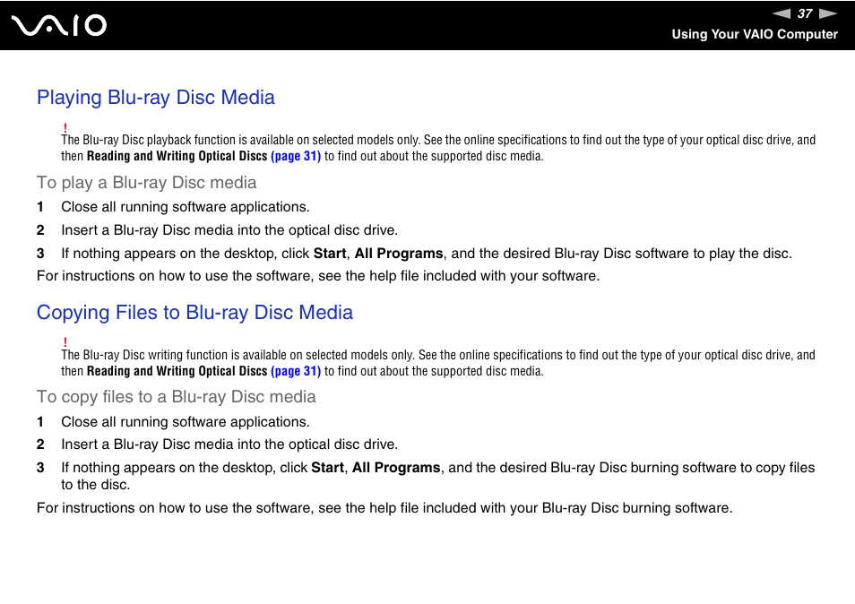 Playing blu-ray disc media, Copying files to blu-ray disc media | Sony VAIO VGC-JS100 User Manual | Page 37 / 146