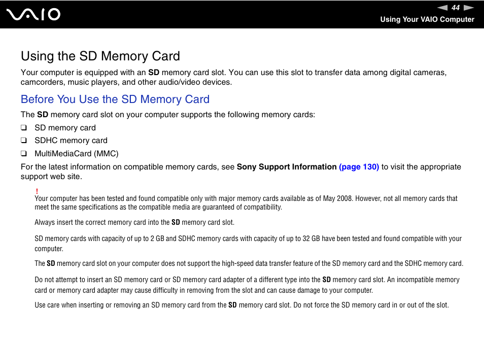 Using the sd memory card | Sony VAIO VGC-JS100 User Manual | Page 44 / 146