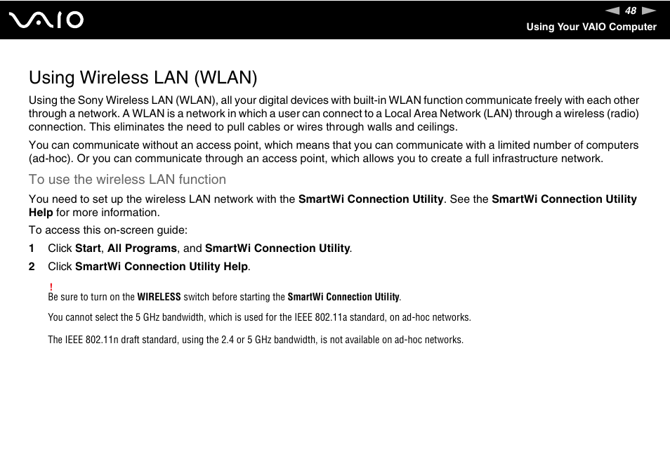 Using wireless lan (wlan), Lan) | Sony VAIO VGC-JS100 User Manual | Page 48 / 146