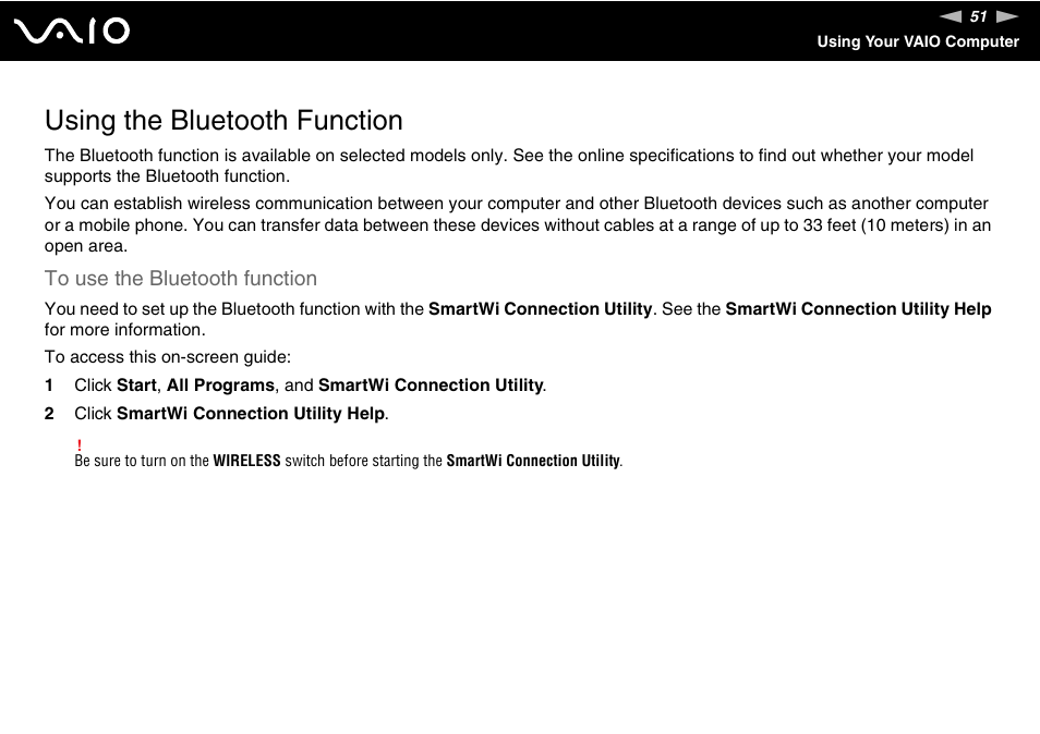 Using the bluetooth function, Tion | Sony VAIO VGC-JS100 User Manual | Page 51 / 146