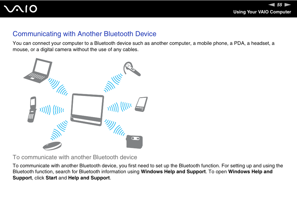 Communicating with another bluetooth device | Sony VAIO VGC-JS100 User Manual | Page 55 / 146