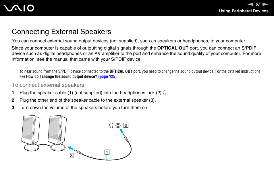 Connecting external speakers | Sony VAIO VGC-JS100 User Manual | Page 57 / 146