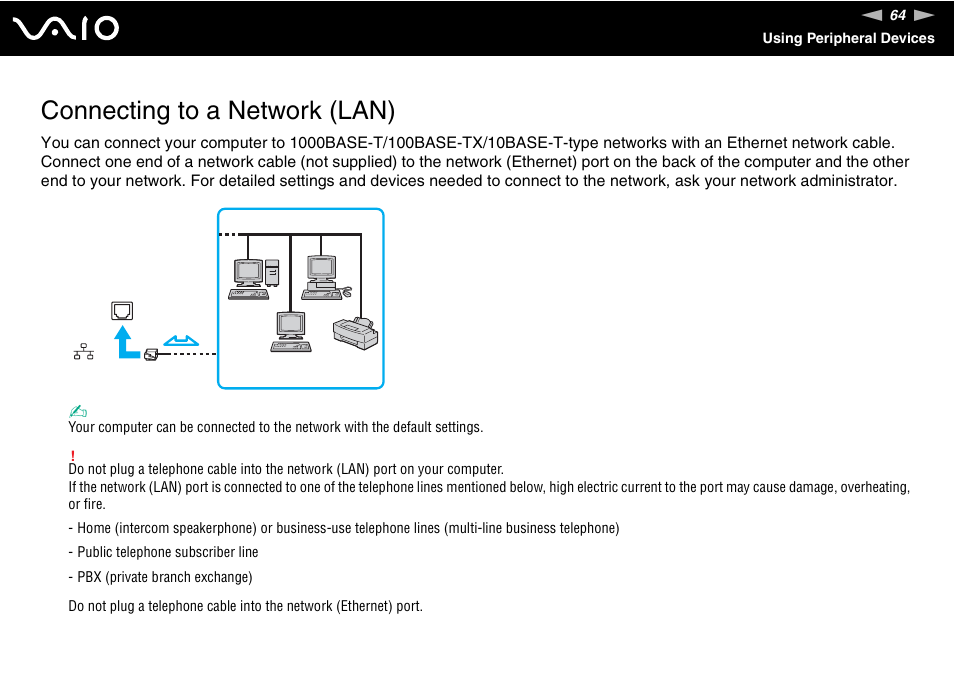 Connecting to a network (lan) | Sony VAIO VGC-JS100 User Manual | Page 64 / 146