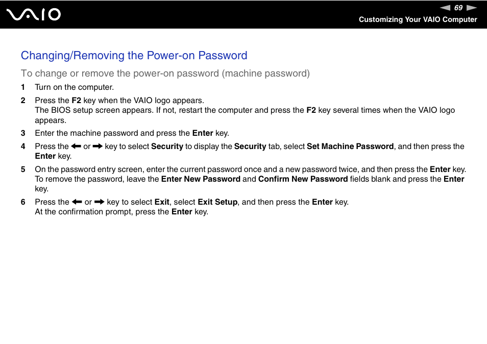 Changing/removing the power-on password | Sony VAIO VGC-JS100 User Manual | Page 69 / 146