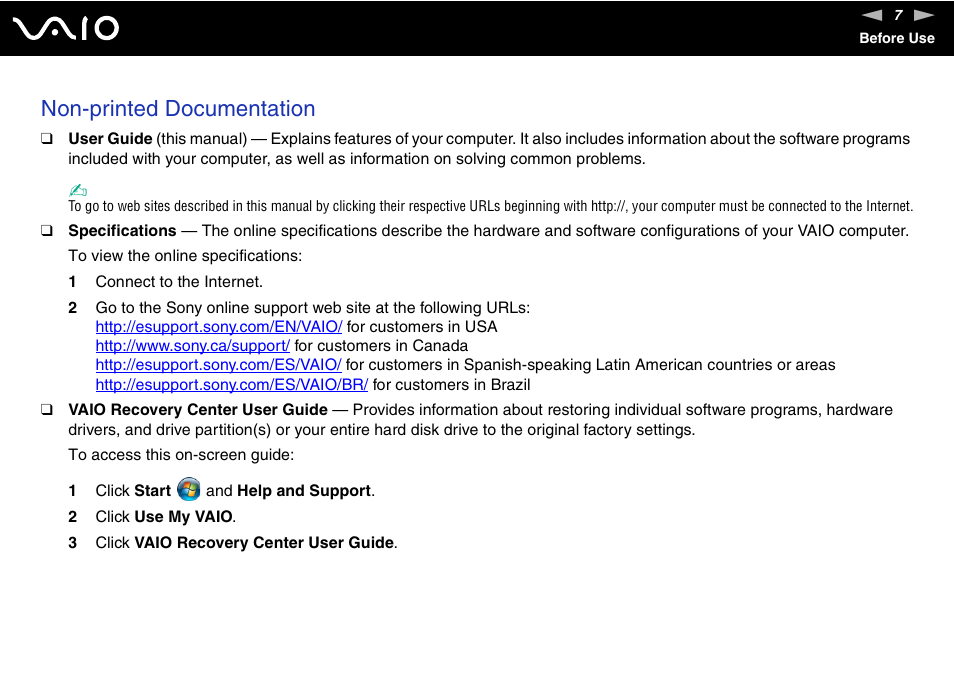 Non-printed documentation | Sony VAIO VGC-JS100 User Manual | Page 7 / 146