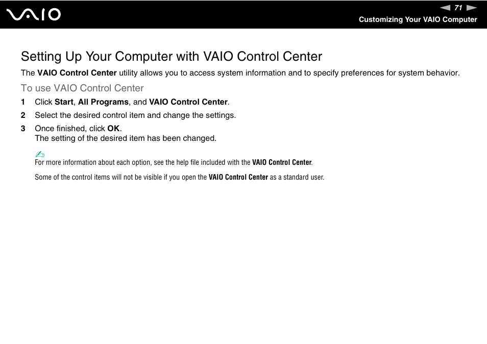 Setting up your computer with vaio control center | Sony VAIO VGC-JS100 User Manual | Page 71 / 146