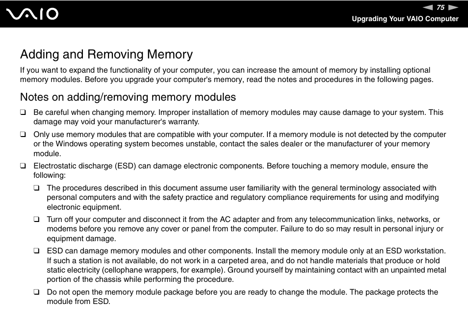 Adding and removing memory | Sony VAIO VGC-JS100 User Manual | Page 75 / 146