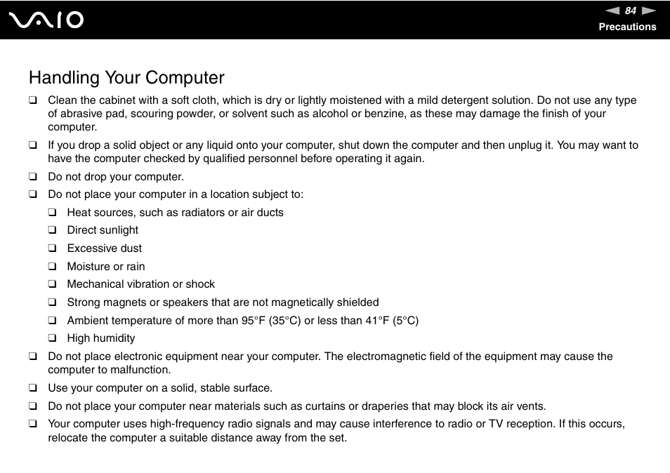 Handling your computer | Sony VAIO VGC-JS100 User Manual | Page 84 / 146