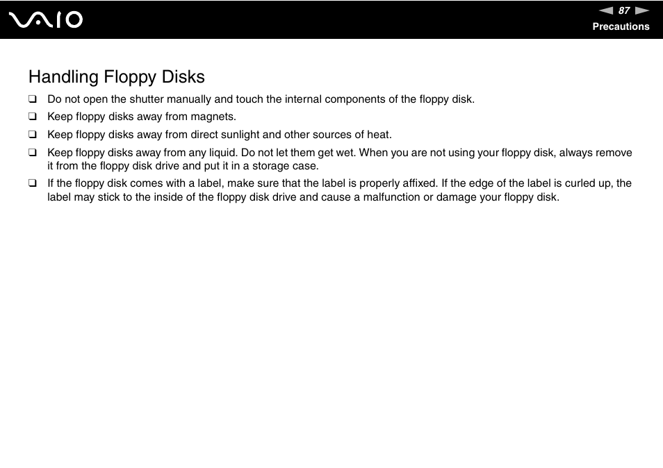 Handling floppy disks | Sony VAIO VGC-JS100 User Manual | Page 87 / 146