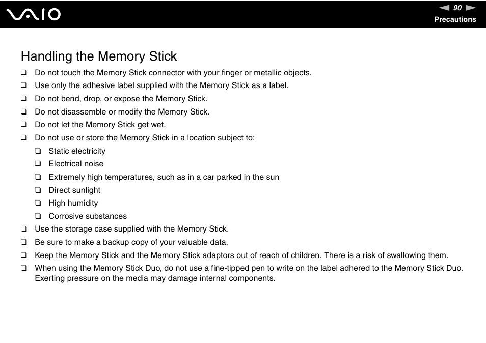 Handling the memory stick | Sony VAIO VGC-JS100 User Manual | Page 90 / 146